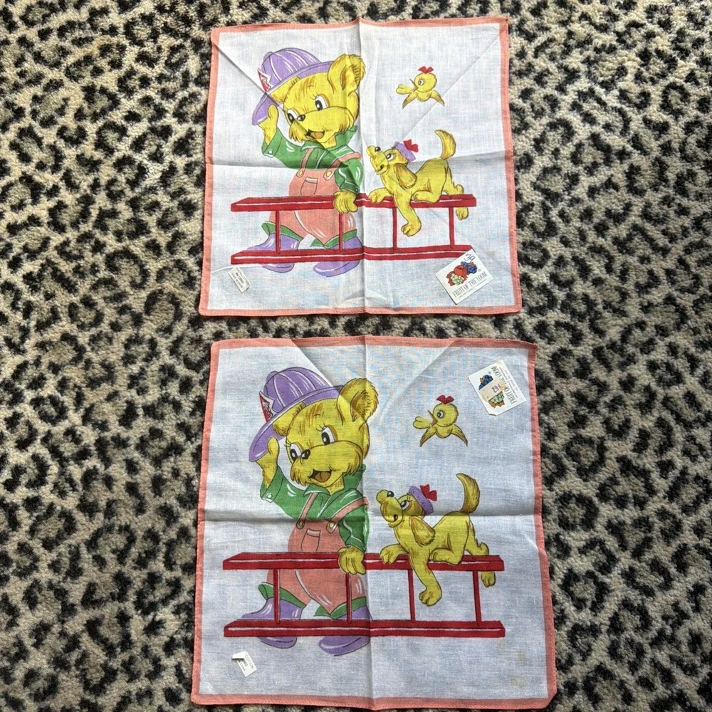 Lot 2 VTG Fruit of the Loom Kids Handkerchiefs Teddy Bear Firefighter Kitsch